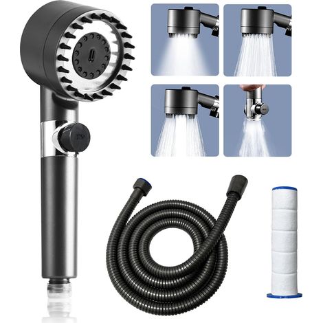 Pommeau de douche à économie d'eau, douchette haute pression avec flexible de 1,5 m et 2 filtres, 3 jets, pommeau de douche massant, douche de pluie à économie d'eau... (1/5)