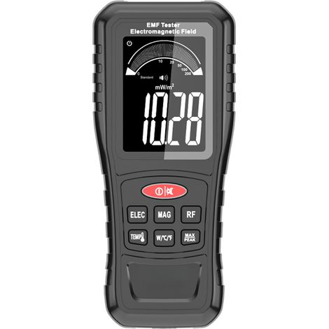 Medidor de campo electromagnético recargable 4 en 1 con medición de temperatura, radiofrecuencia, pantalla LCD y alerta sonora y visual. (1/5)