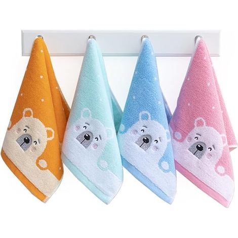 Lot de 4 jolies serviettes pour enfants avec un imprimé d'ours en peluche de dessin animé, 100% coton. (1/5)