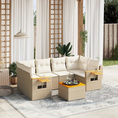 7-tlg. Garten-Sofagarnitur mit Kissen Beige Poly Rattan (1/3)