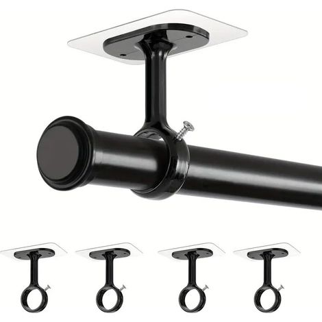 Lot de 4 crochets adhésifs pour tringle à rideau plafond – fixation sans vis, support noir solide, installation facile sur mur ou plafond, idéal salon, cuisine, salle de bain (1/5)