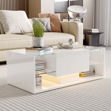 Table basse nordique, avec tiroirs à roulettes, 100x50x30 cm, espace de rangement à double niveau, bande lumineuse LED flottante, verre trempé - blanc (1/5)