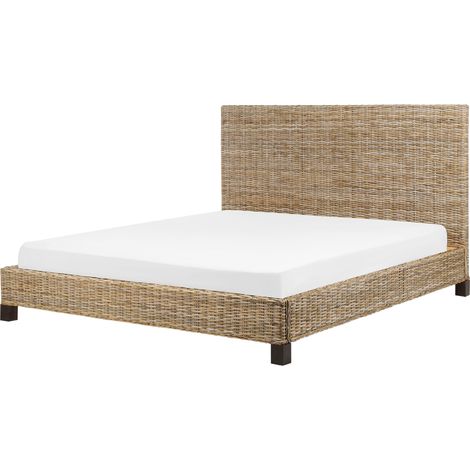 Cama con somier de ratán natural madera oscura 180 x 200 cm caoba panel Salbris
