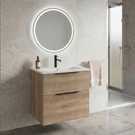 Meuble de salle de bain CIRASA 60cm avec vasque et miroir LED, 2 tiroirs, chêne alabama (1/4)