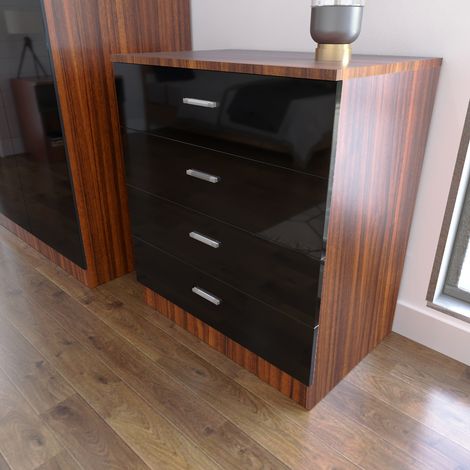 ELEGANT Modern High Gloss 4 spacious Drawer Chest with Metal Handles for Bedroom or Home Storage Organizer, Black/Walnut