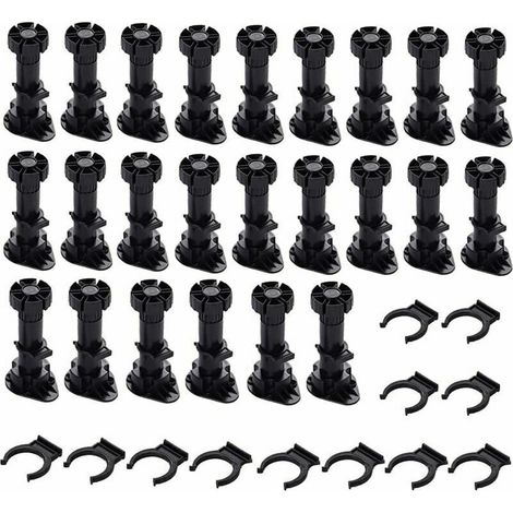 Lot de 24 Pieds de Meubles réglables en Plastique épais Noir avec Clip de Fixation pour Meubles de Cuisine ou de Salle de Bain, Armoire et canapé (120-150mm) (1/4)