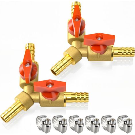 2 Pcs 6mm Robinet à boisseau sphérique 3 voies en laiton, Raccord de vanne d'arrêt à 2 interrupteurs en forme de Y avec 6 colliers de serrage (1/5)