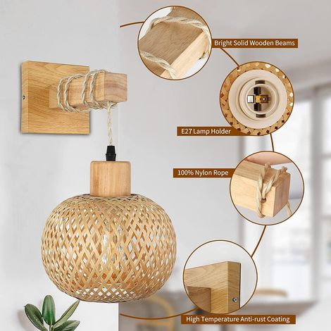 Industrielle Wandlampe für den Innenbereich, Vintage-Käfig-Wandleuchte, Metall- und Holzseil-E27-Wandlampe mit Rattan-Schirm für Wohnzimmer, Esszimmer, Flur, Holzfarbe (ohne Glühbirne) (1/4)