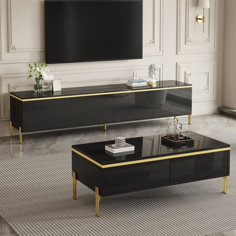 Conjunto mueble TV y mesa de centro moderna, acabado brillante negro, bordes dorados, 2 piezas (1/5)