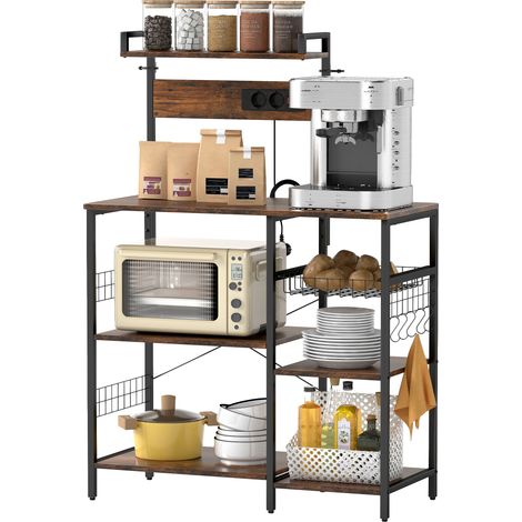 Étagère de cuisine autoportante avec 2 supports, 5 crochets en S, 5 étagères, panier, entretoises en X, acier, 90 x 42 x 130 cm