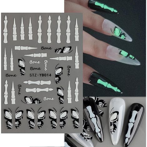 Autocollants lumineux pour ongles d'Halloween - 1 feuille avec motifs papillon, crâne et Bundy (1/4)
