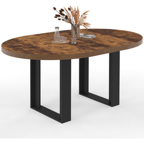 Table à manger extensible ronde PHOENIX 4-6 personnes bois foncé effet vielli et noir 120-160 cm