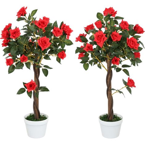 Set of 2 Artificial Plants White Rose Floral in Pot, Fake Plants for Home Indoor Decor, 90cm, Red