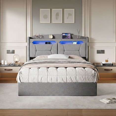 Lit double capitonné 140x200cm, lit coffre avec espace de stockage et sommier à lattes, cadre de lit avec LED et USB pour adulte adolescent, lin gris (1/5)
