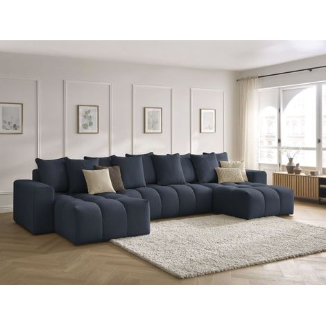 Bobochic – Canapé panoramique fixe 5 places – Tissu chiné bleu foncé – Design moderne avec 9 coussins rembourrés – Dimensions 440x172x97cm (1/5)