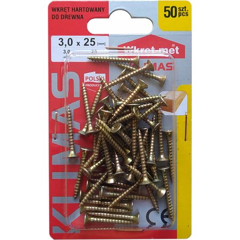 Vis Bois Trempées Klimas, 3 x 25 mm, Tête Fraisée PZ1, Zinguées, Blister 50 Pièces