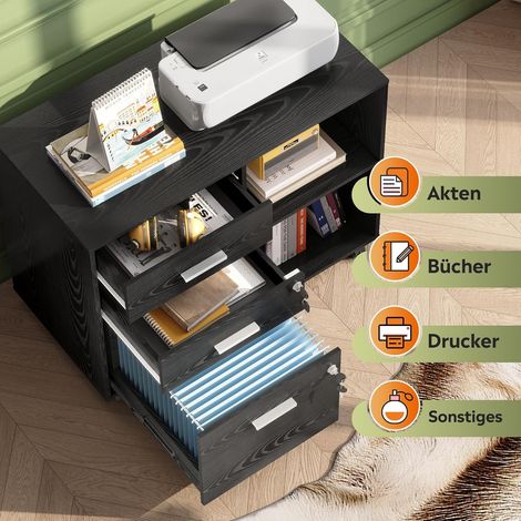 Armoire de rangement mobile DEVAISE à 3 tiroirs et étagères ouvertes, avec roulettes, pouvant servir de table d'imprimante pour formats A4/Légal/Lettre, verrouillable, idéale pour le bureau et le télé (1/5)