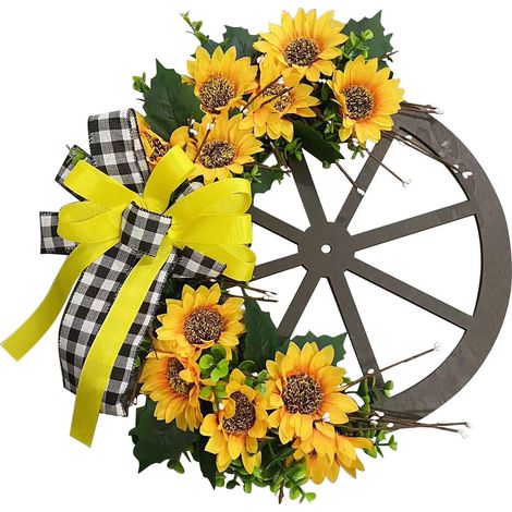 Künstlicher Sonnenblumenkranz mit Blättern und Schleife im Raddesign, künstlicher Frühlingskranz, Willkommensschild für die Haustür, Landhaus-Veranda-Türdekoration (1/2)