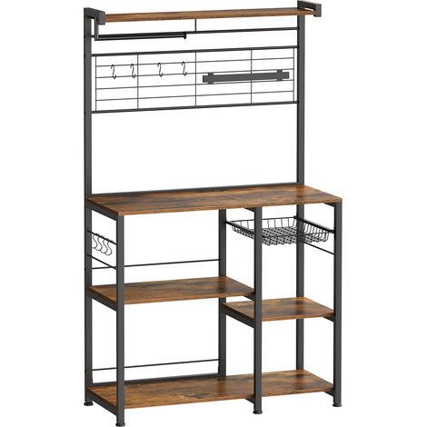 Étagère de Cuisine, Meuble de Rangement, Îlot de Cuisine avec Support Magnétique pour Couteaux, Panier Métallique, Support pour Essuie-Tout, 12 Crochets, Marron Rustique et Noir KKS026B01 (1/5)