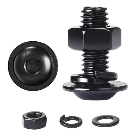 10 Pièces M6x12 mm Vis à Tête Bombée avec Bride, Boulons à Six Pans Creux Filetage Complet avec Ecrous Hexagonal et Rondelles Elastique, Acier Inoxydable A2 V2A, Noir (1/5)