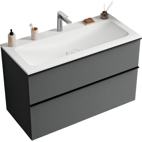 BERNSTEIN - Meuble de salle de bain avec vasque fonte minérale, 2 tiroirs et poignées métal - 80x45,5x62cm (LxPxH) - LAVOA - Couleur meuble, Lavabo et poignée : Anthracite mat, Noir mat, Blanc mat ave