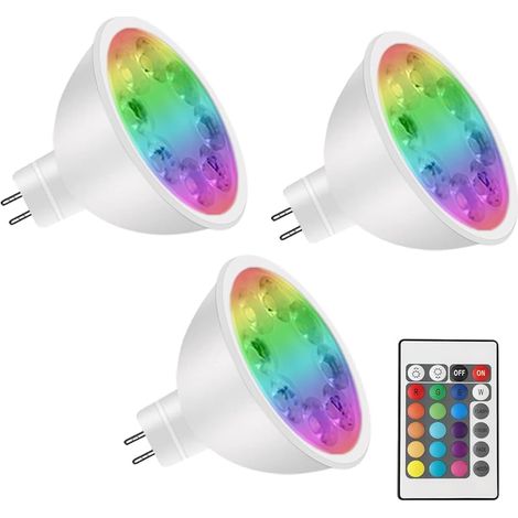 GU5.3 LED RGBW, ampoule 12V LED lampe MR16 changement de couleur, 4W GU5.3 RGBW base bi-broches, blanc chaud + 15 multicolore pour l’éclairage paysager (3 ampoules avec télécommande)