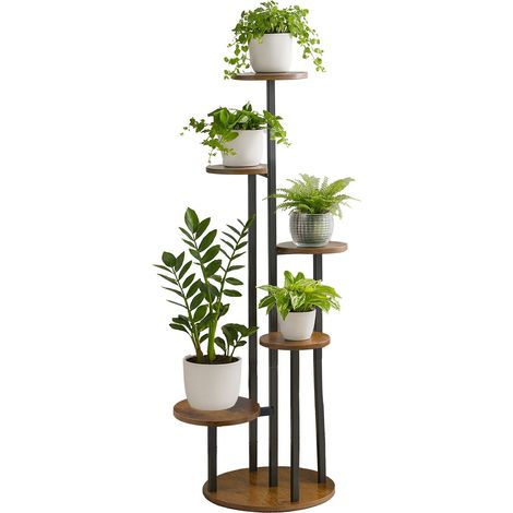 Relaxdays Scaffale Portapiante a 5 Ripiani, Ferro e MDF, Scala Porta Vasi di Piante e Fiori, 118,5x58x58 cm, Industrial