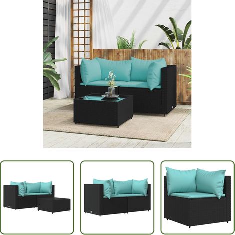 Gartenmöbel - 3-tlg. Garten-Lounge-Set mit Kissen Schwarz Poly Rattan (1/5)