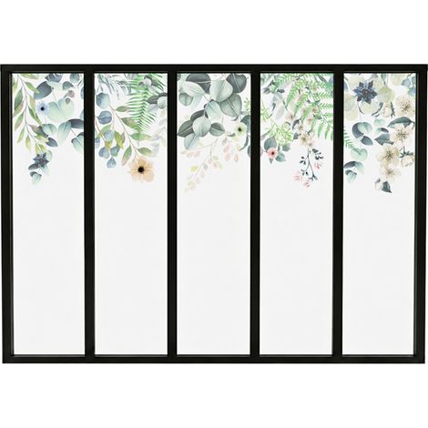 Verrière atelier intérieure aluminium noir 5 vitrages 168 x 117 cm - Décor végétal - Flowers in Rain - vert et transparent - Verre trempé (1/5)