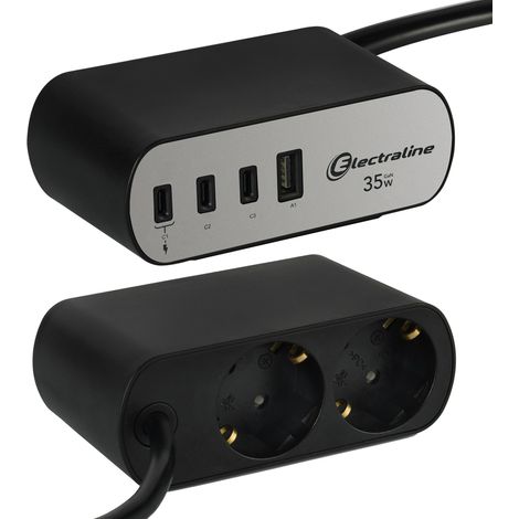 Bloc Multiprise Schuko 2 Voies + 4 Ports USB (1A + 3C PD35W) avec Câble de 2m, Multiprise/Table (1/5)