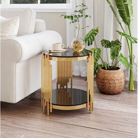 Beistelltisch rund 2 Ebenen Glas Schwarz Gold Metall OKMYHOME (1/5)