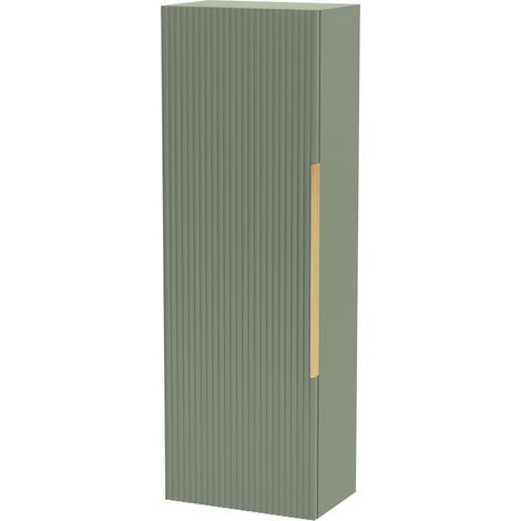 Fluted Front Wall Hung Single Door Tall Bathroom Storage Unit, 400mm, Green, Brushed Brass Handle