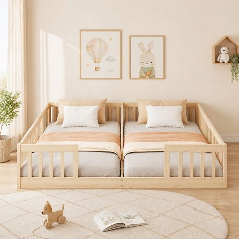 Letto doppio basso per bambini 2x90x200 cm in pino e MDF naturale con sponde – MEUBLIV (1/5)