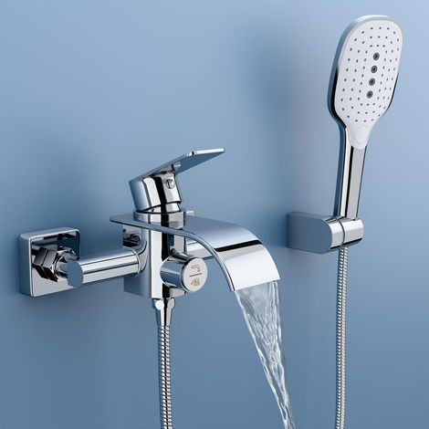 Robinet de baignoire avec douchette à main, robinet cascade, mitigeur en laiton avec 3 fonctions, robinet à une main avec bouton poussoir, robinet de baignoire pour salle de bain (1/5)