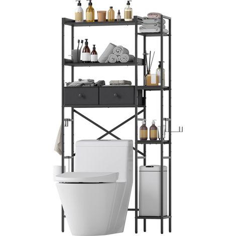 Étagère Toilette Imperméable Réglable Hauteur, Montage Facile avec Paniers Crochets WC sans Perçage pour Salle Bain Buanderie Balcon Métal Noir (1/5)