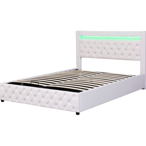 Letto imbottito 140 x 200 cm con rete a doghe, contenitore e luci LED, bianco, PU (1/5)