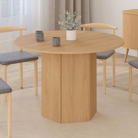 Mesa de comedor redonda BERTHE, pata hexagonal de madera, efecto haya, 110 cm
