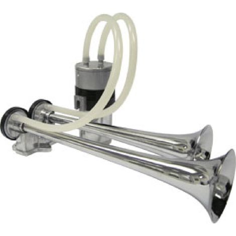 Klaxon chrome 2 trompes 24V – Tension 24V – Volume 121.5 dB – Installation facile – Pour sirène de pompier – Htc Equipement