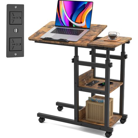 Bureau Réglable Hauteur (63-90cm) Style Industriel – 2 Étagères & Roulettes pour Canapé/Chambre – Panneau de Particules 80x40x64-95cm – Bureau Debout Mobile (1/5)