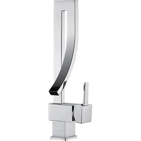 Grifo de lavabo - Grifo monomando estilo cascada - Montaje sobre encimera - Un solo orificio - Agua fría y caliente - Núcleo de válvula cerámico - Cromado