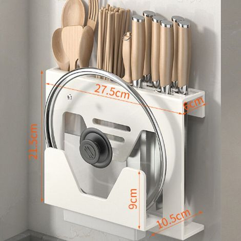 Porte-couteaux en acier inoxydable 304 avec support de rangement pour baguettes – Organiseur mural/de bureau sans perçage pour couverts, planches à découper et couvercles (blanc), (1/5)
