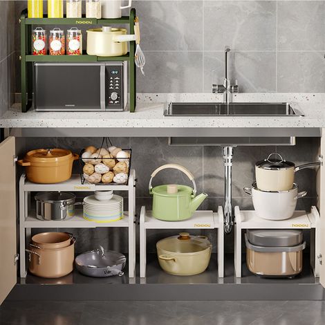 Étagère de rangement de cuisine de table en plastique blanc à double couche, télescopique, pour cuisinière et évier 8512 1 (1/5)