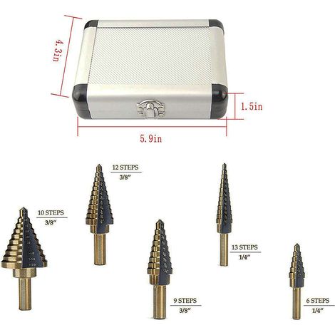 Coffret de 5 forets étagés professionnels en acier rapide à 2 cannelures, avec poinçon central et boîte en aluminium. (1/5)