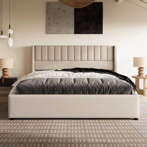 Letto matrimoniale contenitore 180x200 cm beige in lino con rete sollevabile idraulica (1/5)