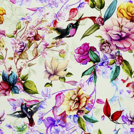 Tissu décoratif d'extérieur Oxford - Motif de fleurs de magnolia et d'oiseaux I DX221 (1/5)