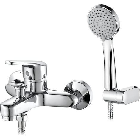 Mitigeur Baignoire avec Douchette (3 Modes) et Flexible de Douche (150cm) et Support - Robinet Baignoire Universel Filetage G1/2, Mitigeur Douche Mural, Facile à Installer, Laiton, Chromé (1/5)