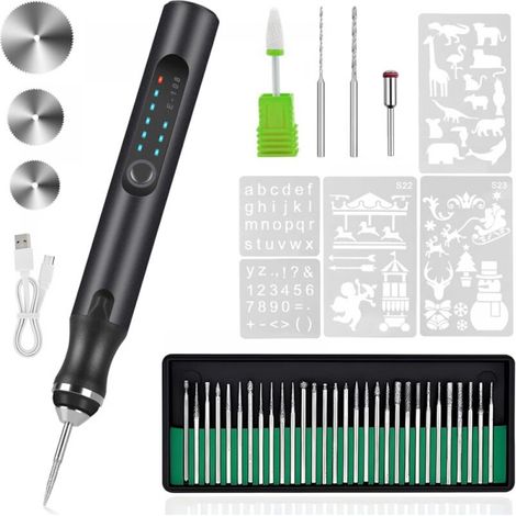 [NEVER USED] Electric engraving pen – USB rechargeable engraving tool set – with 37 tips and 5 templates (black)