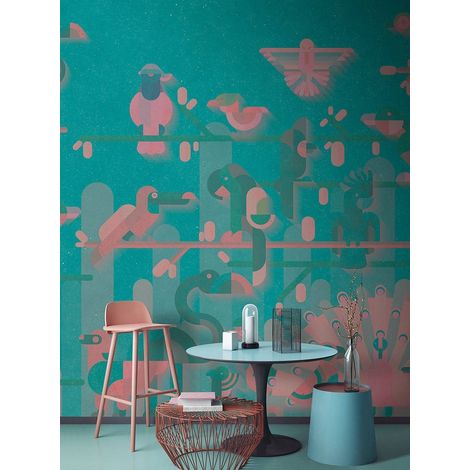 Papier peint panoramique flamant rose turquoise & rose | Tapisserie panoramique bleu animaux graphique | Papier peint panoramique oiseaux géométrique - 270 x 400 cm (4 pièces) (1/5)