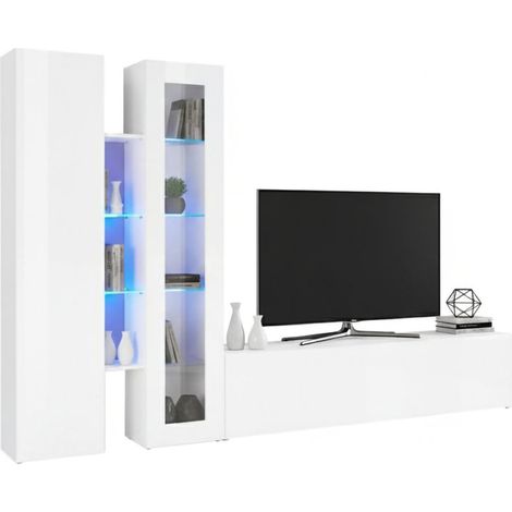 Dmora - Pared Equipada Dcau, Conjunto de salón Mueble de TV con 3 puertas, Mueble de salón polivalente con vitrina y luz LED, 100% Made in Italy, cm 280x30h180, Blanco brillo