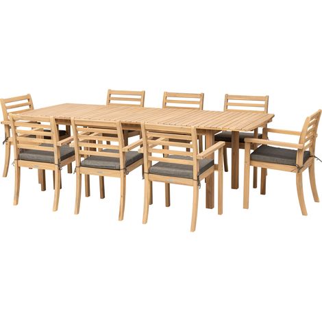 HAPPY GARDEN - Salon de jardin extensible 180/240cm PADAR en acacia 8 places - coussins gris